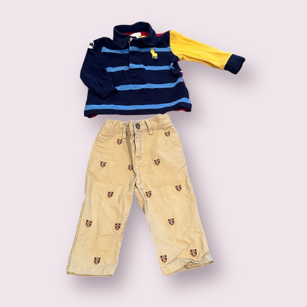 Baby Ralph Lauren Polo Striped Rugby Top & Embroidered Khaki Pants Set Sz 9 Mon
